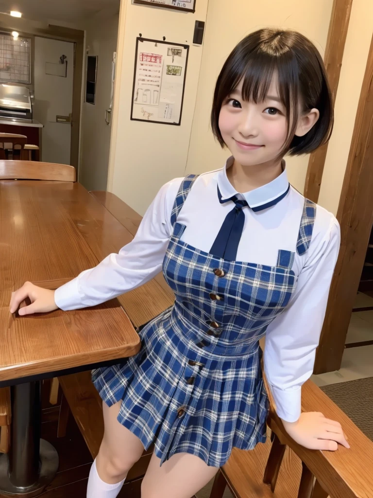 Highest quality、masterpiece、、Very detailed、Realistic、(Young face:1.4)、(Looks like an elementary school ???:1.4)、(Two Girls)、(Looking at me with a mischievous smile)、whole body、Small face、Narrow shoulders、(Big Breasts)、Thin and beautiful legs、Tight and slim waist、(Waitress uniform with buttons and collar:1.2)、(Light blue plaid mini skirt:1.1)、Short Hair、(Erect nipples:1.1)、apron、restaurant、Leaning forward