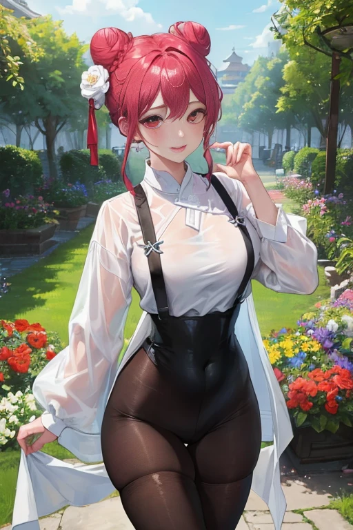 tmasterpiece、Need、1female、Blue cheongsam,Ancient style China、 White cloth bun bun bun、Shoulder leakage、The chest is large、chubbiness、ssmile、Black suspender tights、lace leggings、pale pink lip、hot springs,(drenched all over the body),legs are open, 独奏, White polo shirt, looking at viewert, (Thigh thick:1.0),Yazawa Nico,red eyes, face flushed,Blunt hair,both hands on hip,greet,Flower headdreslack suspender tights,dance,short hair,garden,(((Side breast leakage,Side chest leakage,Bare arms,Arm leakage))),