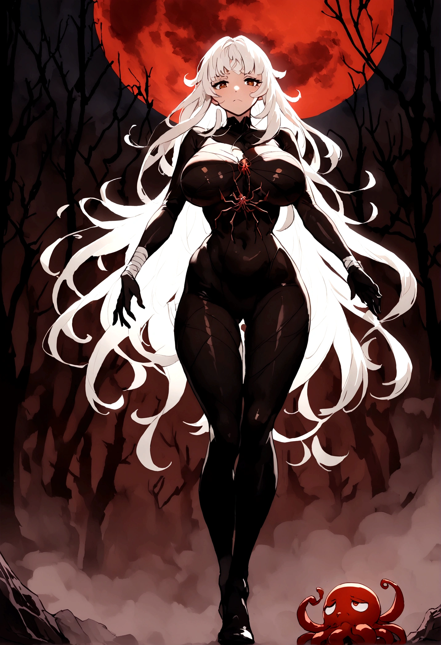 Beautiful anime style monster girl with long hair,((The lower body is a spider)),(((White Hair)))Long one curl hair,(((Highest quality)))Transparent Hair,Frowning face,Sad eyes,(((Brown eyes))),Beautiful woman of sadness,(((A well-defined, glamorous body)))Tight waist,Big Breasts,(((Wearing bandages)))Beautiful and sexy girl in sexy clothes,Oily skin,(((Sexy pose))),((Walking)),(((detailed)))Full Body Shot,octopus,Countless threads wrapped around the body,(((background)))fog,Red Moon,in the forest,Dark Cave。