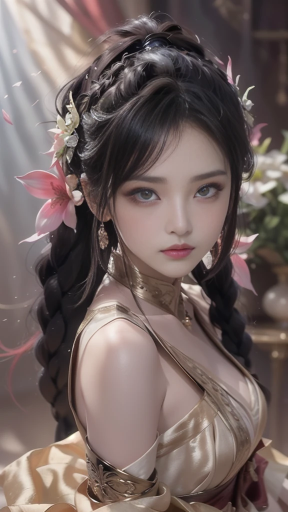 (best quality,high resolution,masterpiece:1.2),Extremely detailed,Practical:1.37,Traditional portrait style,Detailed face and eyes,Beautiful lips,Fine brushwork,Soft, Flowing hair,Delicate flowers blooming in the background,Subtle color palette,Soft lighting,A seamless blend of reality and fantasy,Ethereal atmosphere,Traditional Beauty,Seductive pose,Antique Clothes,Colorful but not harsh,Subtle textures,Attention to detail,Beautiful posture,Expressive eyes,Female characteristics,ingenious composition,Artistic talent,An evocative gaze,Dreamy atmosphere,A sensual and elegant performance,The perfect balance of elegance and sensuality,Delicate facial features and expressions.