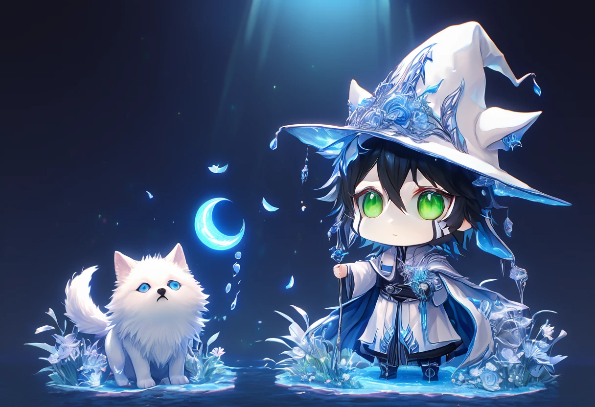 absurdres, highres, ultra detailed, HDR, master piece, Ulquiorra Cifer chibi, black hair, expressive green eyes, boy hugging a wolf, white wolf, pale skin, Bleach, magical hat, cute, best quality, blue moon, flowers, fantasy, magical, solo, water, blue shining fireflies, blue petals, cape, the word "Krozseria" is written on his shirt,