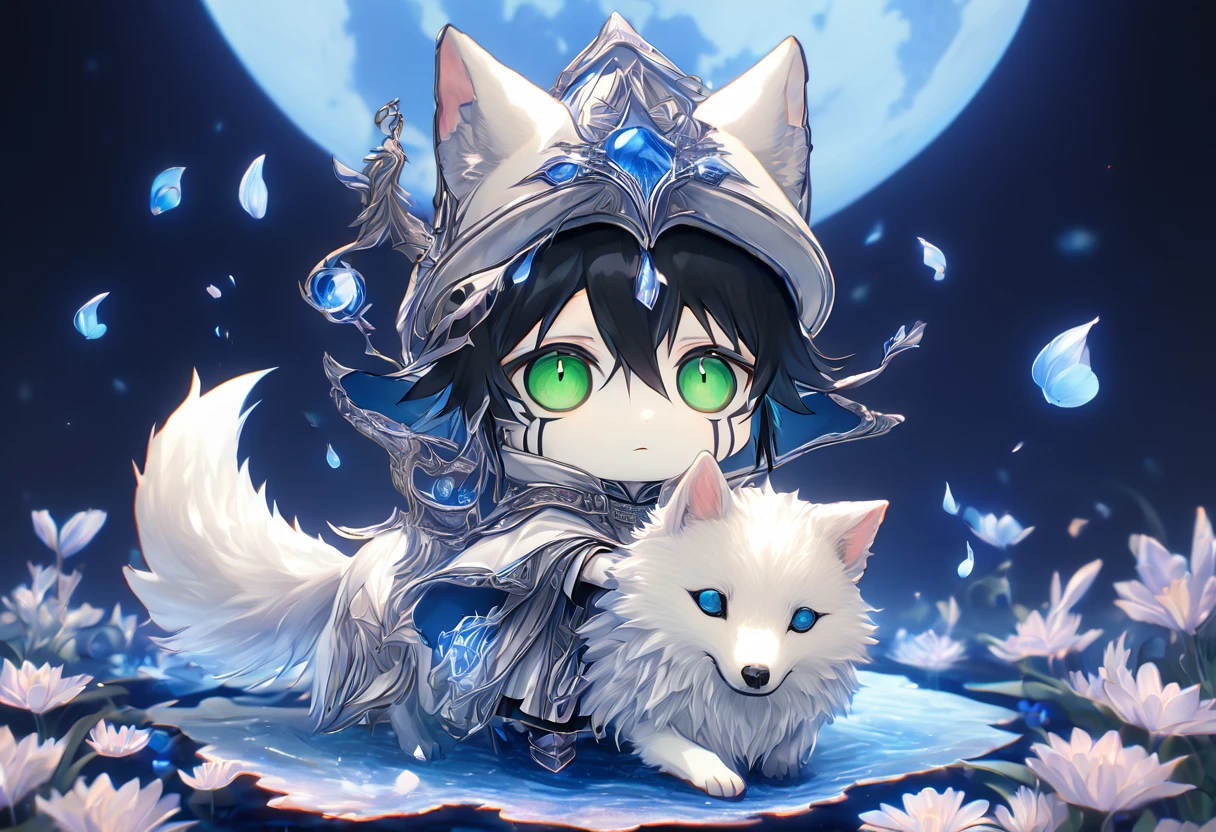 absurdres, highres, ultra detailed, HDR, master piece, Ulquiorra Cifer chibi, black hair, expressive green eyes, boy hugging a wolf, white wolf, pale skin, Bleach, magical hat, cute, best quality, blue moon, flowers, fantasy, magical, solo, water, blue shining fireflies, blue petals, cape, the word "Krozseria" is written on his shirt,