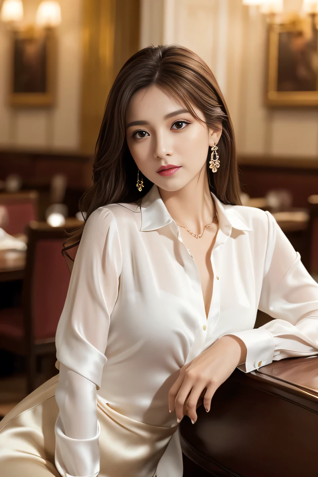 masterpiece, Highest quality, Realistic, Very detailed, Finer details, High resolution, 8k wallpaper, One beautiful woman, Wear an elegant white silk blouse, In a great restaurant, At night, Light brown messy hair, Perfect dynamic composition, Beautiful and beautiful eyes、Big earrings、Sit on a chair、