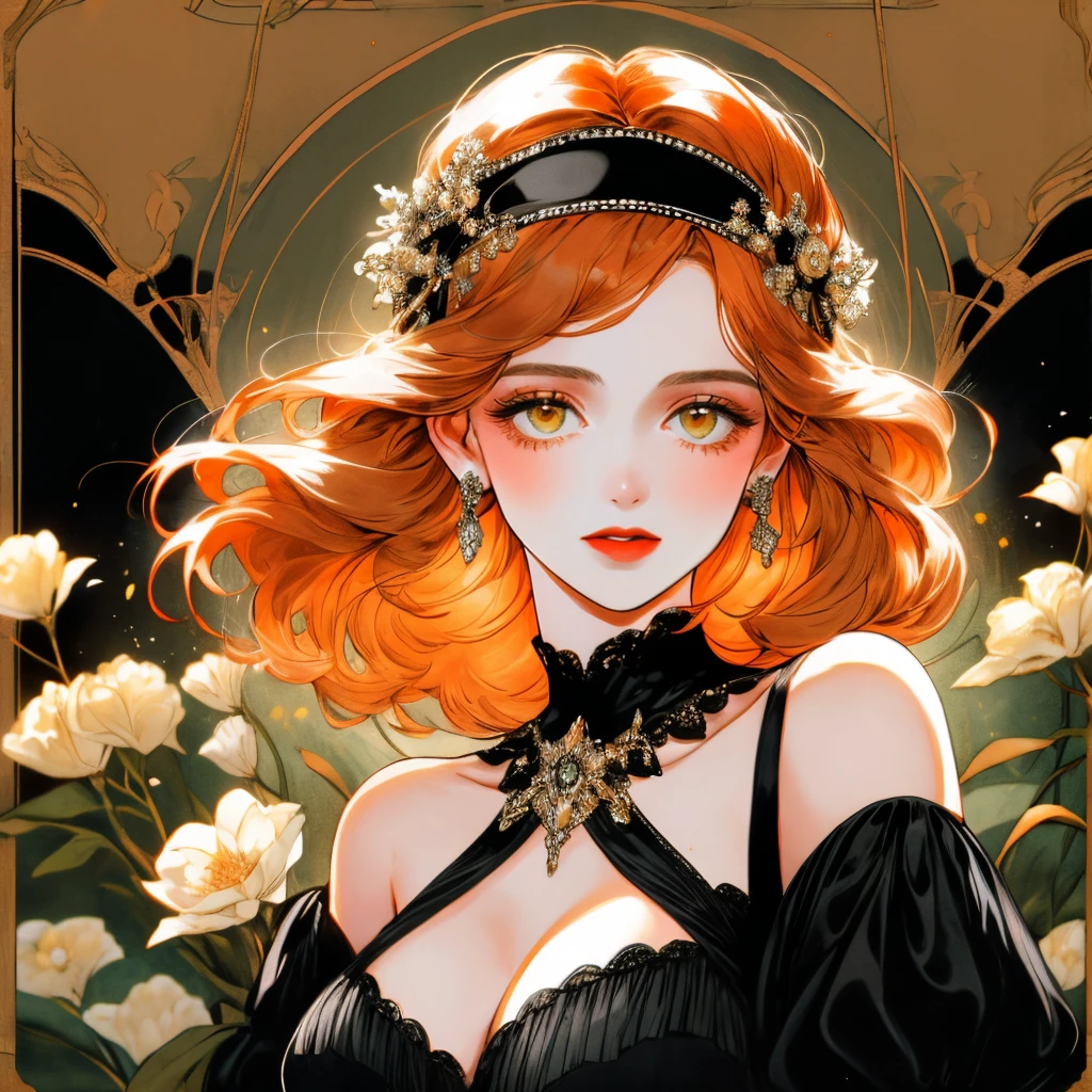 masterpiece, collage of short soft orange haired woman holding flower, hazel eyes, show cleavage a little, wearing black dress and black flapper headband, German, 1920s, 1920s outfit, a singer, in a cruise, realistic size of facial features