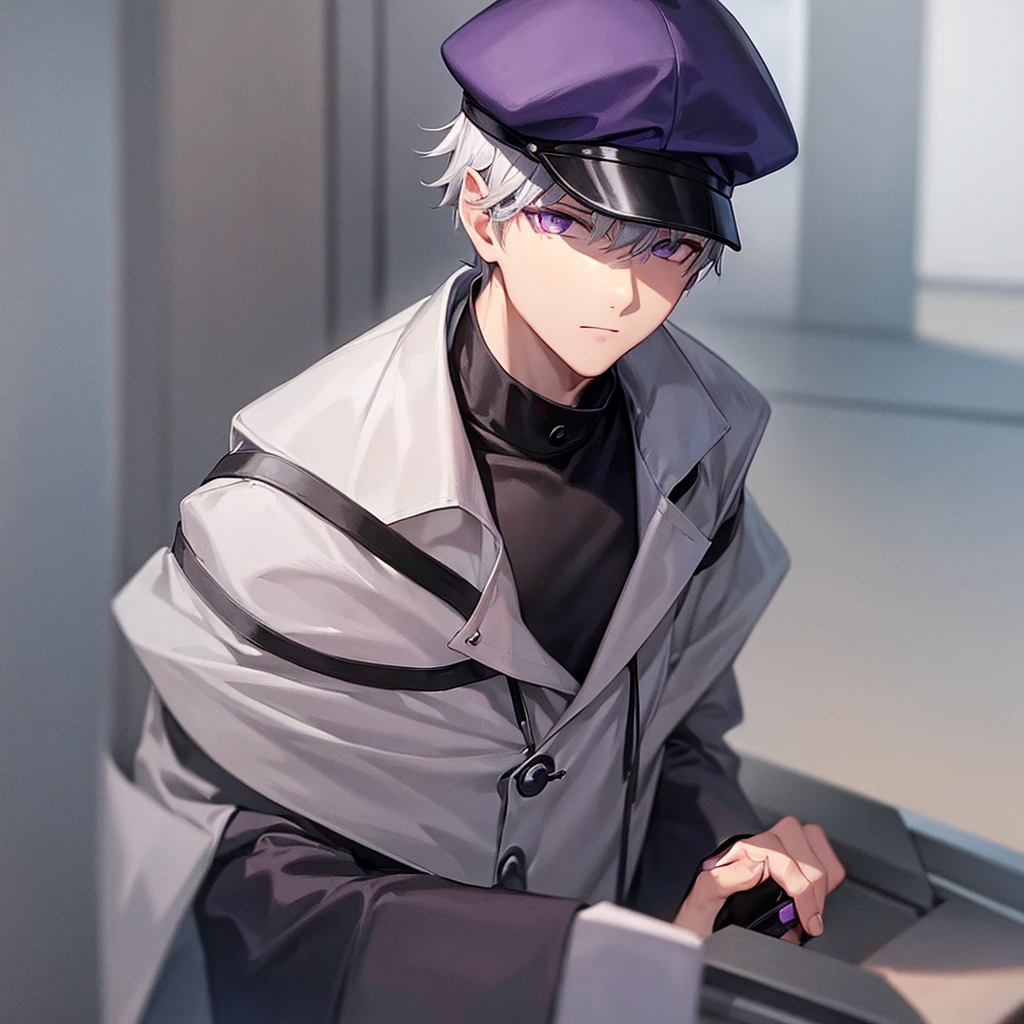 Boy with gray hair, purple eyes and cap