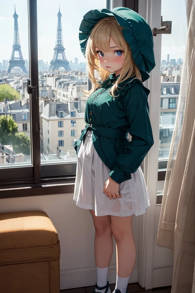1 female, shy, french girl, young ???, bonnet, cute, hourglass figure, thick thighs, full body pic, blond, blue pupils, pout, best quality, eiffel tower on the window, cute, green french clothes, in an apartment.