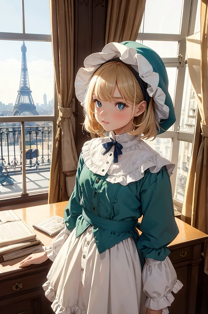 1 female, shy, french girl, young ???, bonnet, cute, hourglass figure, full body pic, blond, blue pupils, pout, best quality, eiffel tower on the window, cute, green french clothes, in an apartment.
