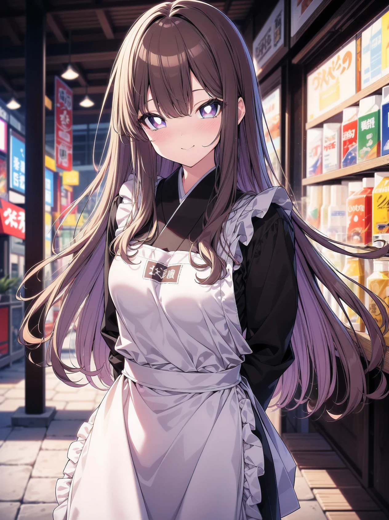 (masterpiece), (cowboy shot), (best quality, ultra-high resolution, depth of field:1.2), detailed face, 1woman, brunette, long hair, inner hair color, small breasts, loose clothes, (wearing casual modern clothes), frills, (lavender eyes), bright eyes, starry eyes, (apron), Japanese convenience store scenery, gentle smile, arms behind back