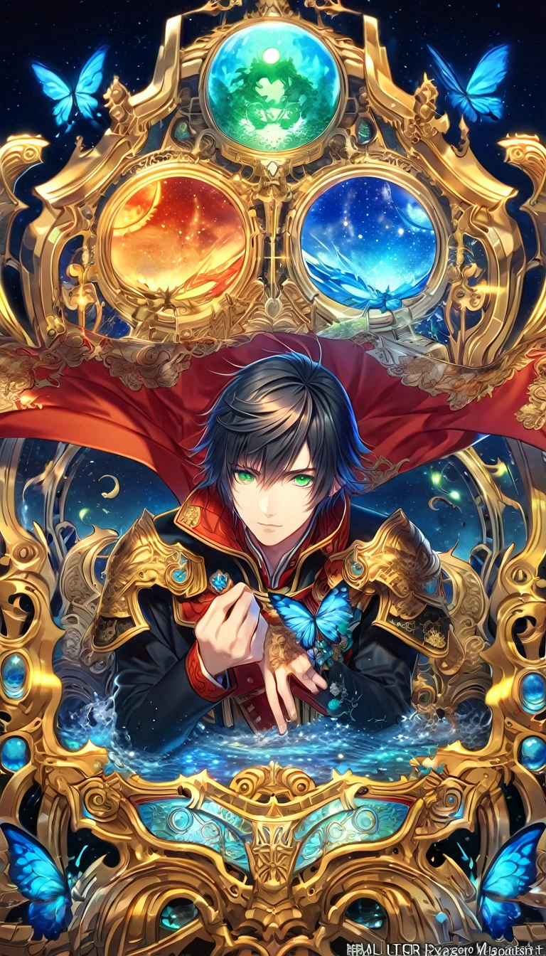 absurdres, highres, ultra detailed, HDR, master piece, best quality, extremely detailed, Kunagiri Machina, black hair, expressive green eyes, Final Fantasy Type 0, solo, sexy man, handsome, black uniform, red cape, fantasy, water, sparkling, blue glittering fireflies, blue moon, blue flowers, blue butterflies, starry sky