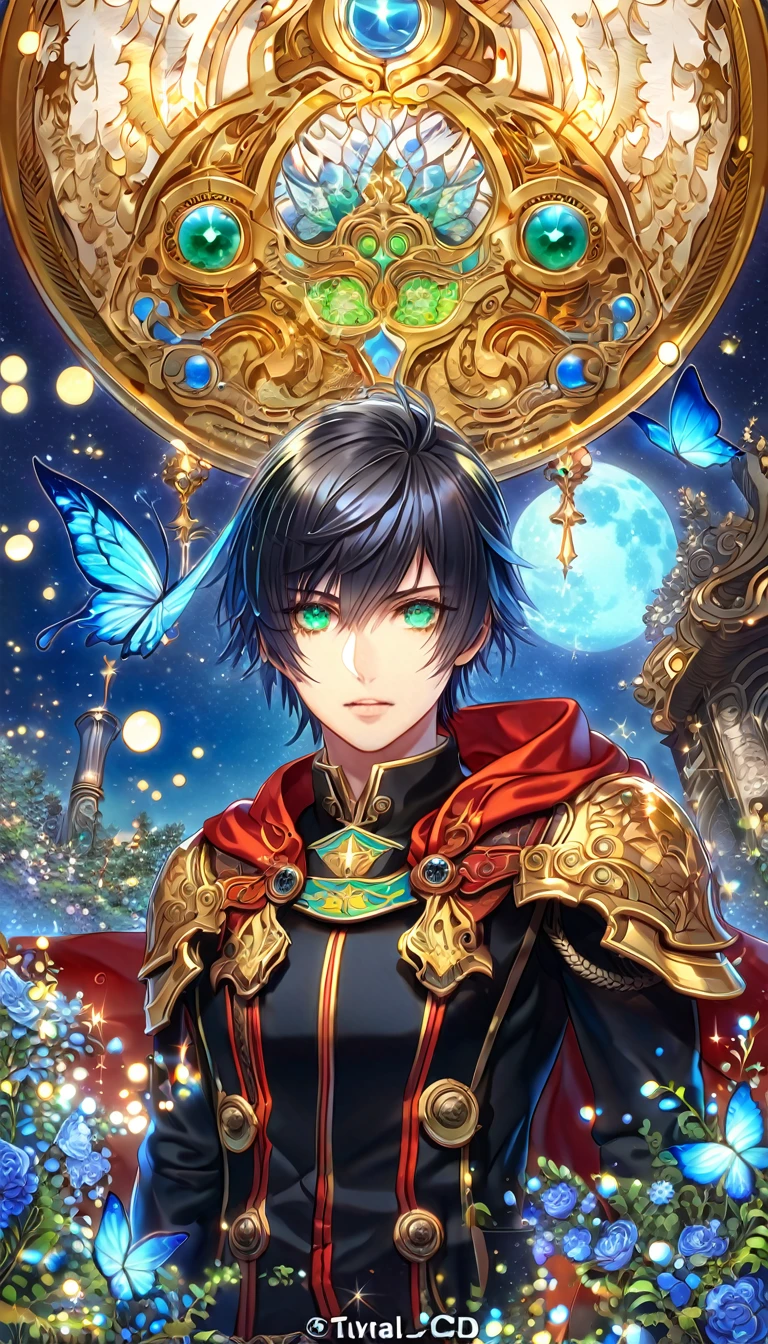 absurdres, highres, ultra detailed, HDR, master piece, best quality, extremely detailed, Kunagiri Machina, black hair, expressive green eyes, Final Fantasy Type 0, solo, sexy man, handsome, black uniform, red cape, fantasy, water, sparkling, blue glittering fireflies, blue moon, blue flowers, blue butterflies, starry sky
