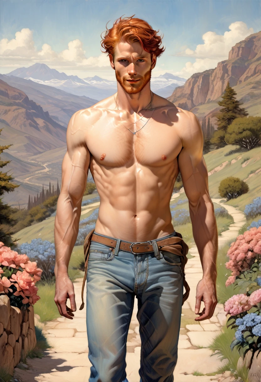 1 latino man walking next to a ginger man in a pathway by Aaron Horkey and Jeremy Mann, masterpiece, best quality, Photorealistic, ultra-high resolution, photographic light, illustration by MSchiffer, fairytale, Hyper detailed A mixture of photography and painting, simetryc Composition, Perfect Divine Proportione, 8k resolution fullbody image,(( view from the front)) full body, oil painting A young man, white skin, ginger, barbed, hairy body, thin face, straight nose, thin lips, square chin, large light blue eyes, short red wavy hair, in roberto ferri style, aesthetic slim athletic body, ginger realistic skin, gorgeous, detailed tonned muscles, barefoot, perfect anatomy, muscled fitness body, Young man, perfect anatomy, , energetic splendid, Barefoot, naked, small flacid penis, slim and detailed muscles, shirtless, pantless, fullbody, wearing jeans, shirt, boots, hat, sandals, the composition of shadows and lights give an atmosphere of spaciousness, he is walking on a mountaing pathway with flowers smiling pastel colors intrincated detailed scenario in the backgroound, mountain pathway, trees, pastel flowers, small brown dog