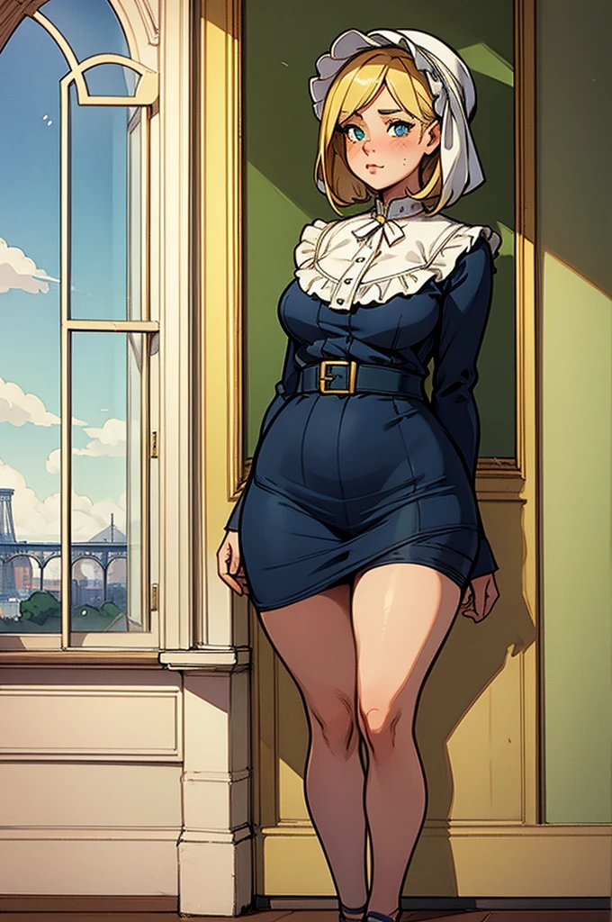 1 female, shy, french girl, young ???, bonnet, cute, hourglass figure, full body pic, blond, blue pupils, pout, best quality, eiffel tower on the window, cute, green french clothes, in an apartment.