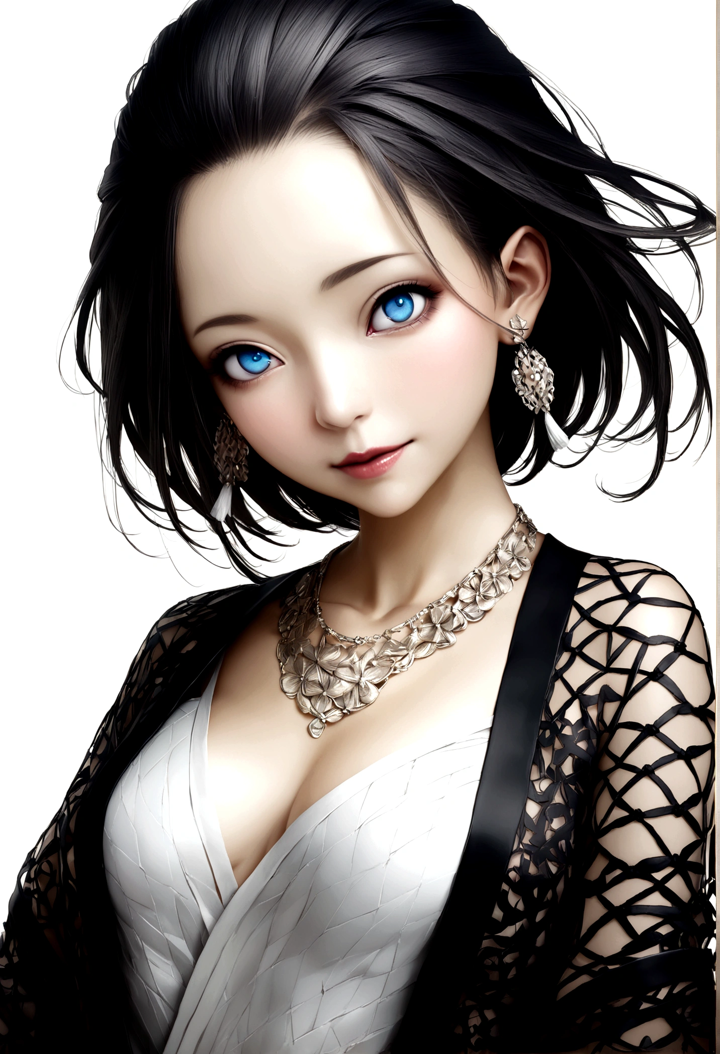 (Highest quality:1.4)、(8K)、32k、(uhd)、(masterpiece:1.3)、Photos of beautiful women in Japan、(Photorealistic)、(Raw photo)、(1girl)、(Ultra high definition)、(Detailed face)、Perfect Face、(Detailed Hair)、Beautiful Hair、bangs、Short Hair、(Symmetrical eyes:1.3)、(Detailed eyes)、(Detailed skin)、Realistic Skin、Ultra high definition、(Mid-chest)、Firm breasts、(Slim figure)、(Supermodel body type)、A kind smile、Cute young girl in Japan、 (Wearing a beautiful, fashionable shirt with intricate weaving)、necklace、Earrings、bracelet、 Portrait、cowboy_shot:1.3、Narrowface:1.3、[(White simple background):25]