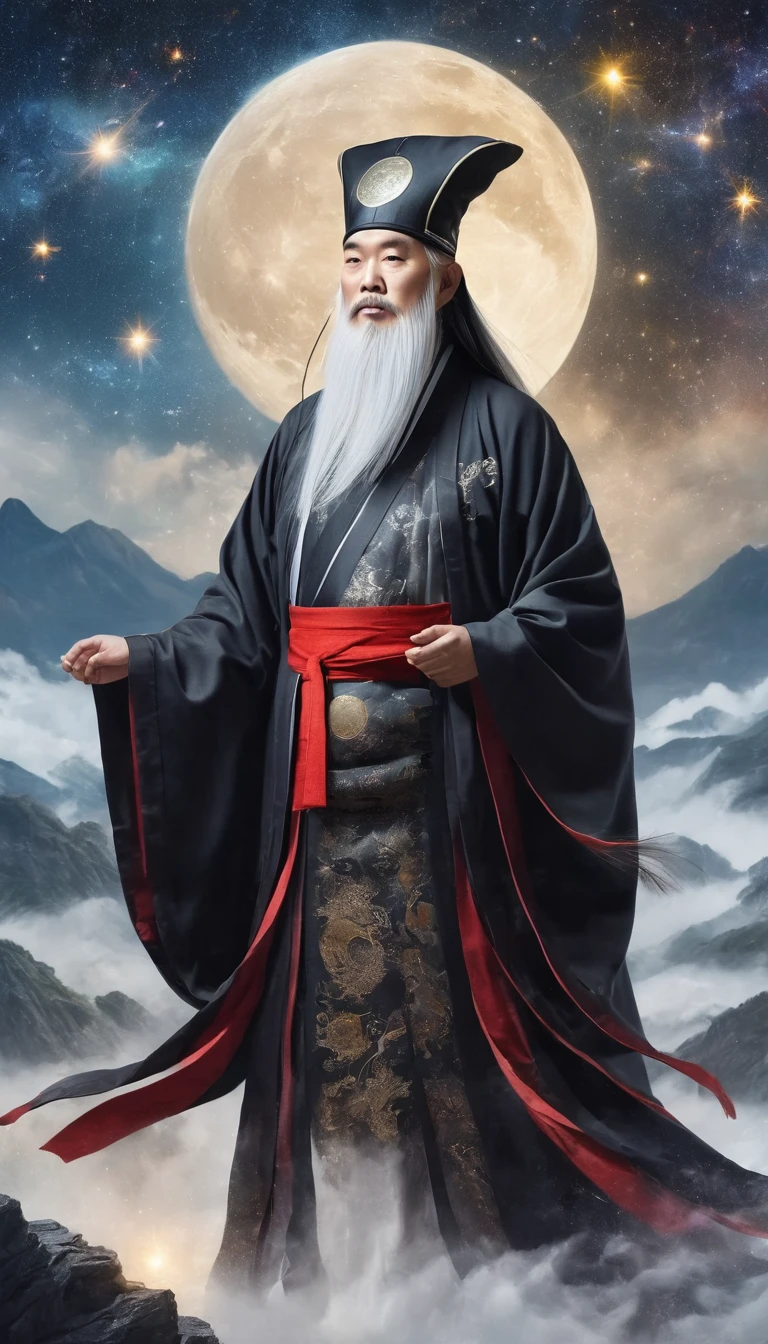 a wise old Chinese Taoist sorcerer in flowing black robe, long white beard and eyebrows, wearing a traditional scholar's hat, standing on a mountain peak gazing at the starry night sky, surrounded by glowing mystical runes and symbols, ethereal atmosphere, highly detailed, cinematic lighting, digital art, concept art, fantasy