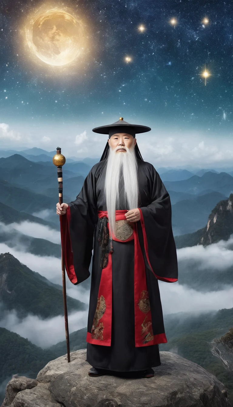 a wise old Chinese Taoist sorcerer in flowing black robe, long white beard and eyebrows, wearing a traditional scholar's hat, standing on a mountain peak gazing at the starry night sky, surrounded by glowing mystical runes and symbols, ethereal atmosphere, highly detailed, cinematic lighting, digital art, concept art, fantasy