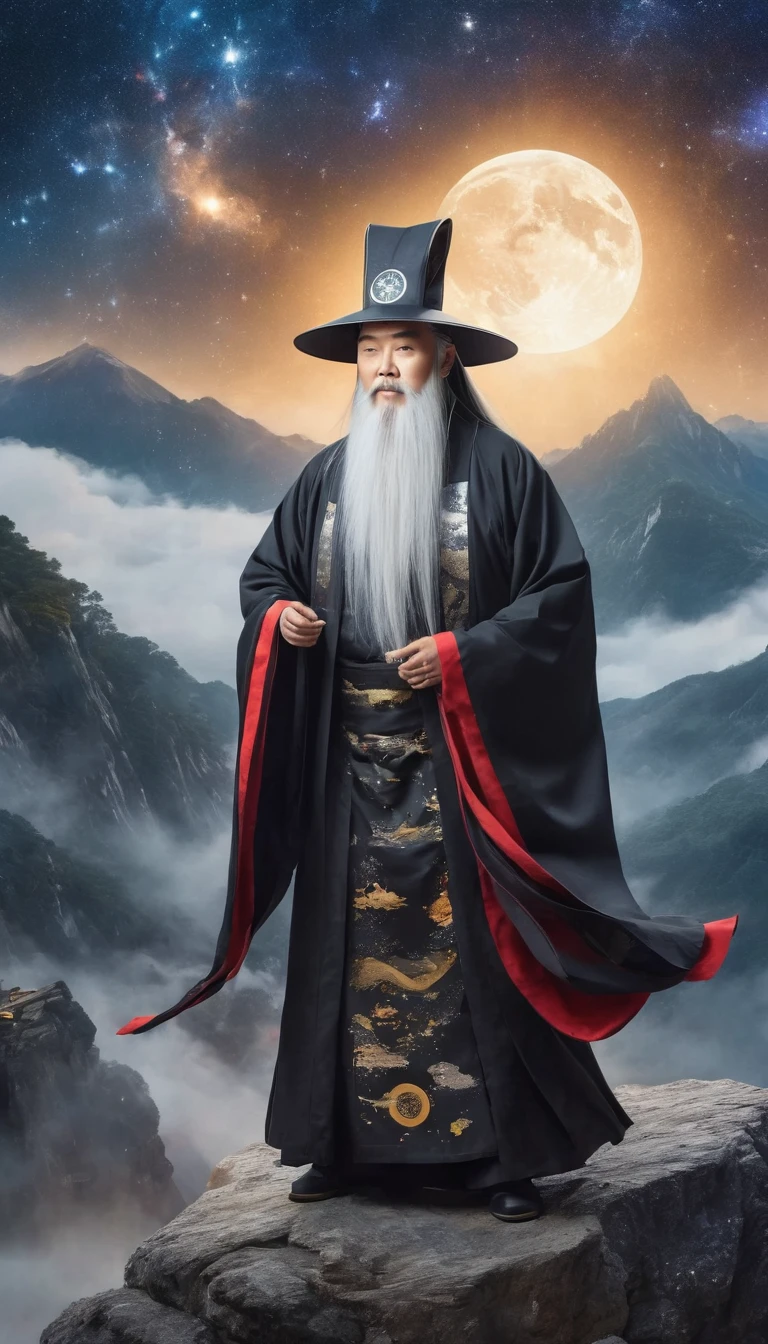 a wise old Chinese Taoist sorcerer in flowing black robe, long white beard and eyebrows, wearing a traditional scholar's hat, standing on a mountain peak gazing at the starry night sky, surrounded by glowing mystical runes and symbols, ethereal atmosphere, highly detailed, cinematic lighting, digital art, concept art, fantasy