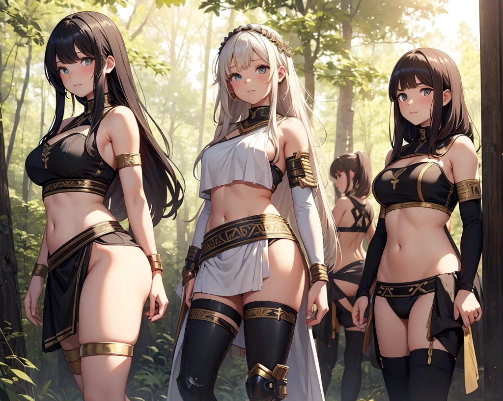young greek warriors girls in togas , only girls , forest in the background ,four girls, sandals , close to the viewer,, sexy , multiple girls ,exposed belly, curves , black hair , blonde hair , red hair , white hair , light armor , knee pads, elbow pads,