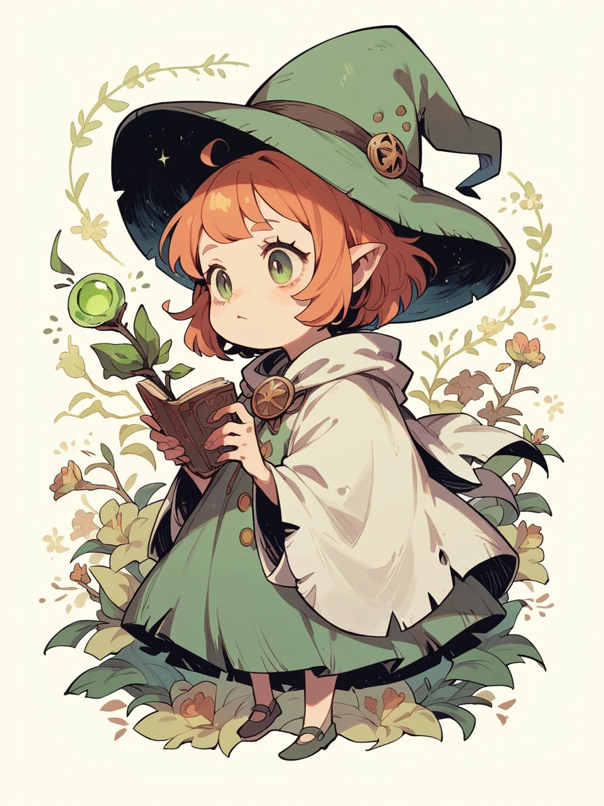 gnome girl with long pointed green hat, with black straight hair and a white cloak, She looks straight ahead, raising both her hands towards the observer as if she were going to cast a spell or magic.