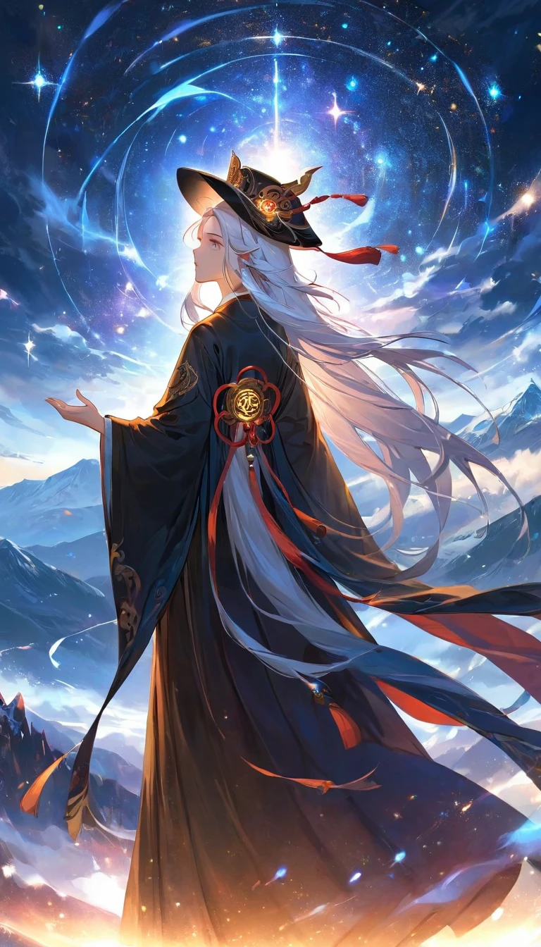 a wise old Chinese Taoist sorcerer in flowing black robe, long white beard and eyebrows, wearing a traditional scholar's hat, standing on a mountain peak gazing at the starry night sky, surrounded by glowing mystical runes and symbols, ethereal atmosphere, highly detailed, cinematic lighting, digital art, concept art, fantasy