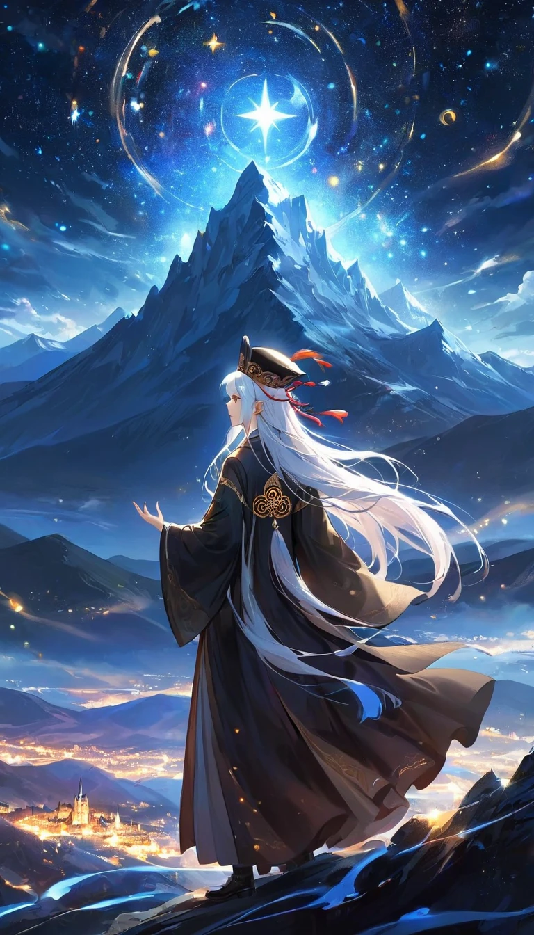 a wise old Chinese Taoist sorcerer in flowing black robe, long white beard and eyebrows, wearing a traditional scholar's hat, standing on a mountain peak gazing at the starry night sky, surrounded by glowing mystical runes and symbols, ethereal atmosphere, highly detailed, cinematic lighting, digital art, concept art, fantasy