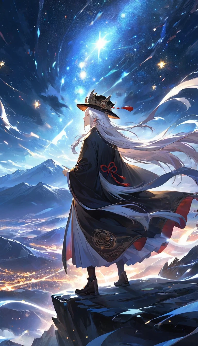 a wise old Chinese Taoist sorcerer in flowing black robe, long white beard and eyebrows, wearing a traditional scholar's hat, standing on a mountain peak gazing at the starry night sky, surrounded by glowing mystical runes and symbols, ethereal atmosphere, highly detailed, cinematic lighting, digital art, concept art, fantasy