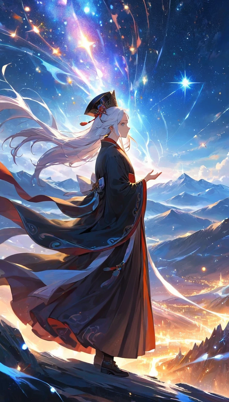 a wise old Chinese Taoist sorcerer in flowing black robe, long white beard and eyebrows, wearing a traditional scholar's hat, standing on a mountain peak gazing at the starry night sky, surrounded by glowing mystical runes and symbols, ethereal atmosphere, highly detailed, cinematic lighting, digital art, concept art, fantasy