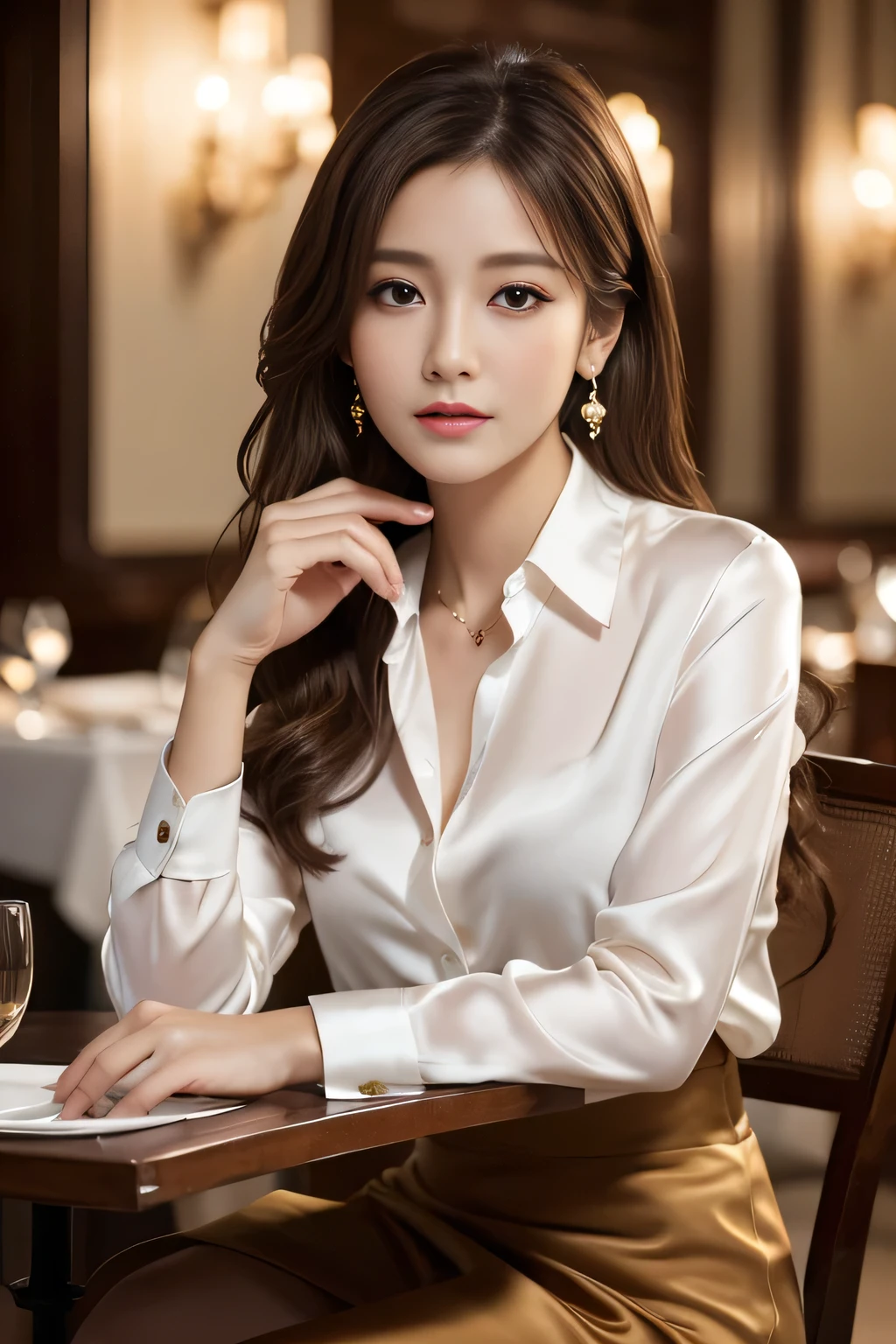 masterpiece, Highest quality, Realistic, Very detailed, Finer details, High resolution, 8k wallpaper, One beautiful woman, Wear an elegant white silk shirt, In a great restaurant, At night, Light brown messy hair, Perfect dynamic composition, Beautiful and beautiful eyes、Big earrings、Sit on a chair、