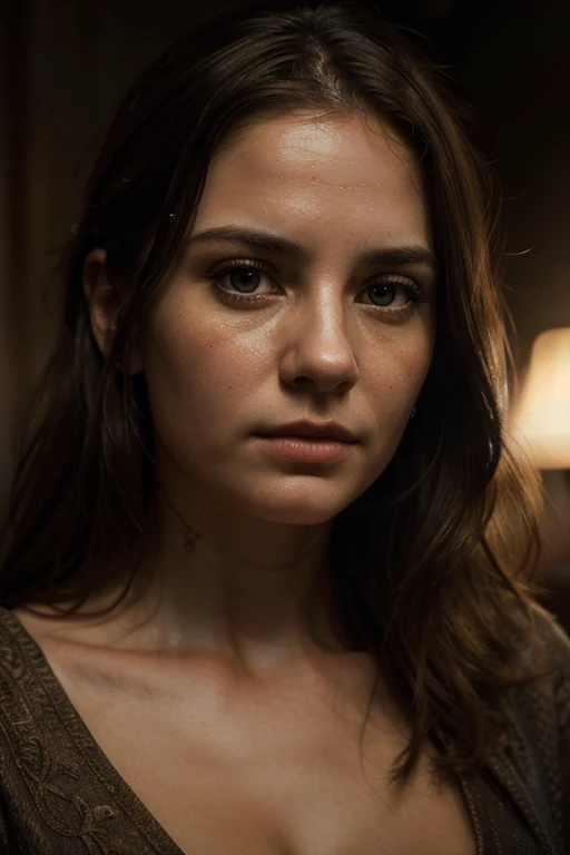 a beautiful young white woman in her 30s, worried expression, thoughtful gaze, realistic portrait, hyper detailed face, intricate details, high quality, photorealistic, dramatic lighting, cinematic, moody atmosphere, oil painting style, warm color palette, muted tones, chiaroscuro lighting