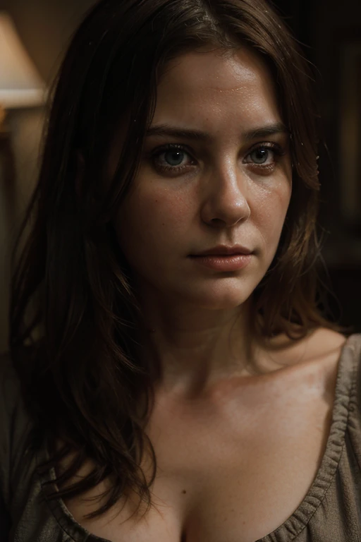 a beautiful young white woman in her 30s, worried expression, thoughtful gaze, realistic portrait, hyper detailed face, intricate details, high quality, photorealistic, dramatic lighting, cinematic, moody atmosphere, oil painting style, warm color palette, muted tones, chiaroscuro lighting