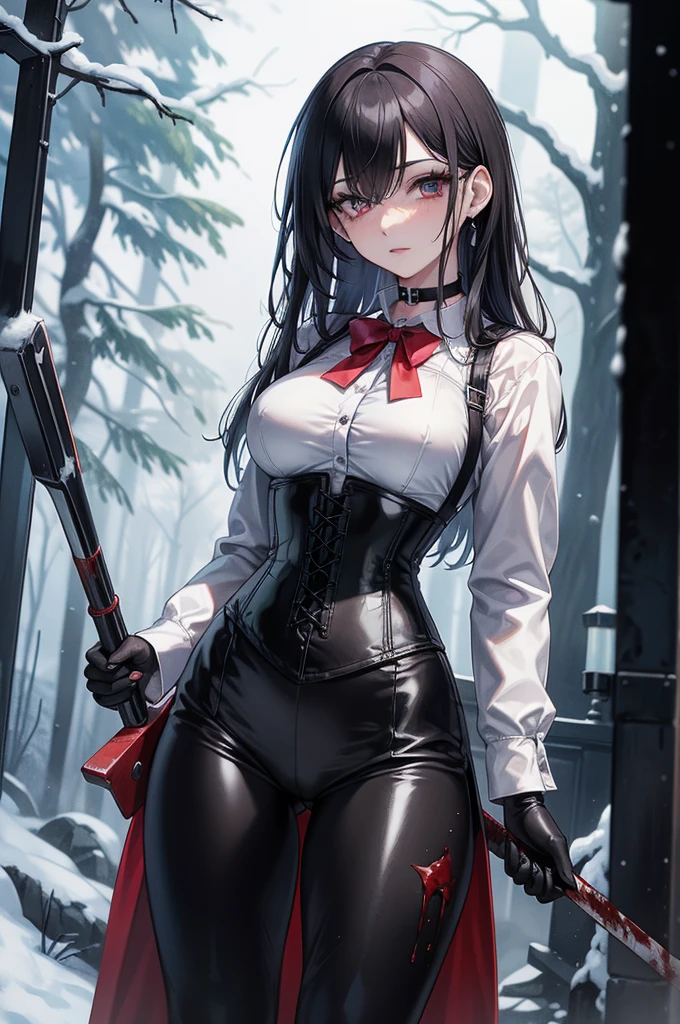 ((blood droplets)), ((blood)), ((blood splatter)), ((blood on clothes)), ((blood stain)), Masterpiece, Beautiful art, professional artist, 8k, art style by sciamano240, Very detailed face, Detailed clothing, detailed fabric, 1 girl, front view, standing, perfectly drawn body, terrified expression, pale skin, beautiful face, long black hair, Blue eyes, very detailed eyes, pink cheeks, choker:1.6, (white collar button down long sleeve shirt), black gloves, gloves that cover hands, (holding an ax in his right hand), (black leather corset), (shiny black leggings), Sensual Lips , evening de invierno, show details in the eyes, looking at the viewer, Dark road, Snowy forest, evening, Atmosphere, snow