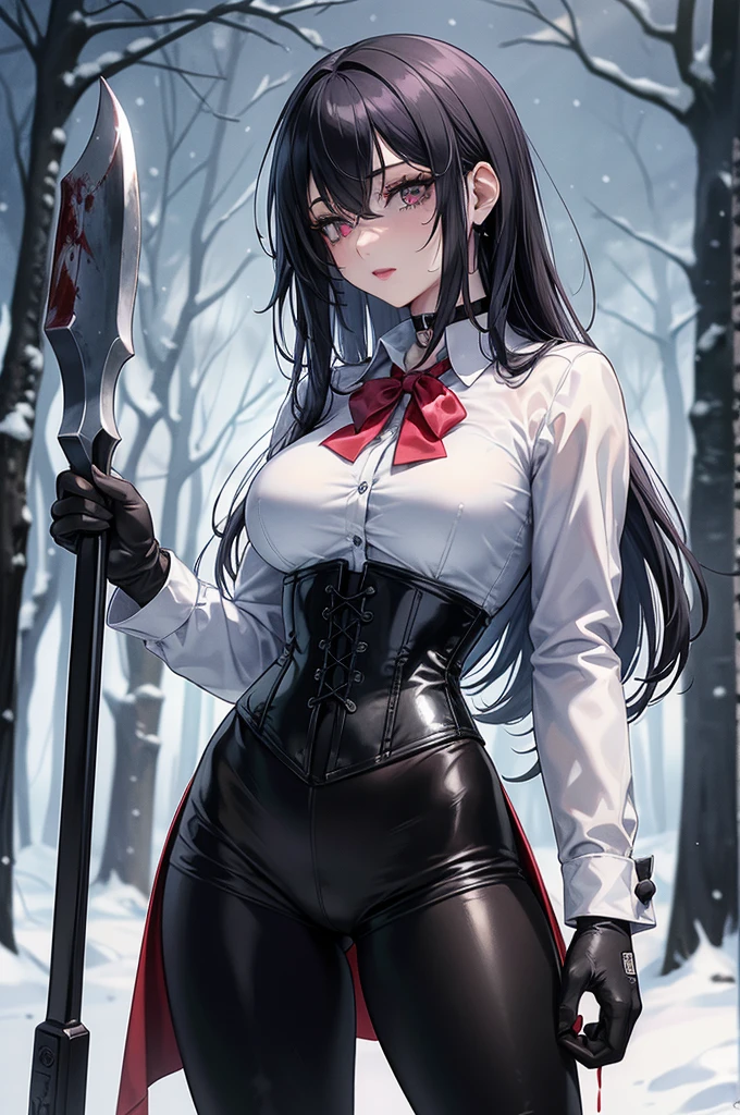 ((blood droplets)), ((blood)), ((blood splatter)), ((blood on clothes)), ((blood stain)), Masterpiece, Beautiful art, professional artist, 8k, art style by sciamano240, Very detailed face, Detailed clothing, detailed fabric, 1 girl, front view, standing, perfectly drawn body, terrified expression, pale skin, beautiful face, long black hair, Blue eyes, very detailed eyes, pink cheeks, choker:1.6, (white collar button down long sleeve shirt), black gloves, gloves that cover hands, (holding an ax in his right hand), (black leather corset), (shiny black leggings), Sensual Lips , evening de invierno,  show details in the eyes, looking at the viewer, Dark road, Snowy forest, evening, Atmosphere, snow