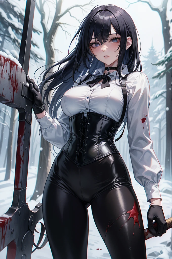 ((blood droplets)), ((blood)), ((blood splatter)), ((blood on clothes)), ((blood stain)), Masterpiece, Beautiful art, professional artist, 8k, art style by sciamano240, Very detailed face, Detailed clothing, detailed fabric, 1 girl, front view, standing, perfectly drawn body, terrified expression, pale skin, beautiful face, long black hair, Blue eyes, very detailed eyes, pink cheeks, choker:1.6, (white collar button down long sleeve shirt), black gloves, gloves that cover hands, (holding an ax in his right hand), (black leather corset), (shiny black leggings), Sensual Lips , evening de invierno, show details in the eyes, looking at the viewer, Dark road, Snowy forest, evening, Atmosphere, snow