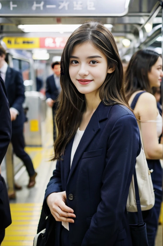 17 year old beautiful girl、Highest image quality、realistic、16K、baby face、cute、long hair、slim、Standing、OL in the subway、navy suit、whole body、smile、panoramic、show me your long legs、Photographed quite far away、whole body姿