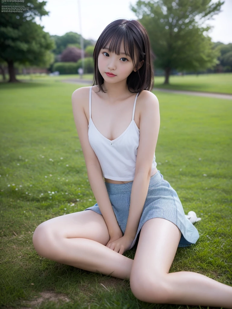 (masterpiece, Highest quality:1.4), Award-winning portraits, 8K, 85mm, alone, Beautiful Face, Delicate girl,  (On the grass), Sophisticated, cute, 15 years old, RAW Photos, Confused, High resolution, Sharp focus, Background Blur、(((flat  、thin and delicate body、Childish atmosphere)))、Glossy short bob、Mole on the left cheek、 Dark blue eyes、the skirt is swaying in the wind、Hair swaying in the wind、sexy、flexible legs、naked、Angle shot from the ground