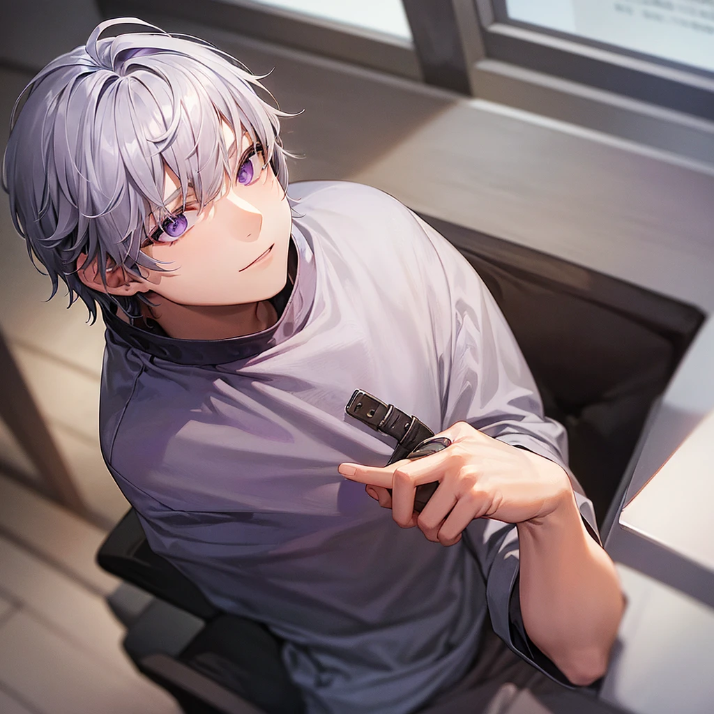 Boy with gray hair, purple eyes and orange prison clothes
