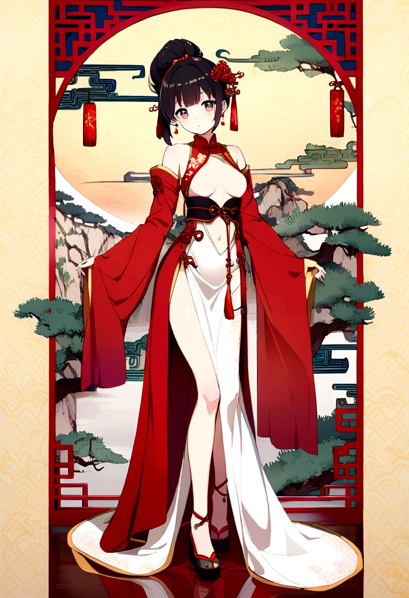 Anime girl, long dress, revealing, chinese theme