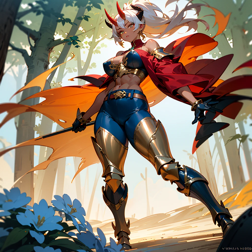 ((best quality)), ((masterpiece)), (detailed), 1girl, off-shoulder sweater, 8k_wallpaper, extremely detailed eyes, extremely detailed body, (large masterpiece digital art), ((perfect anatomy huge chest)), (intricate details:1.3), (ultra-detailed:1.3), (sharp focus:1.3), (natural lighting:1.05), (vivid colors:1.3), (best quality:1.4), high quality, expressive eyes, full body, tall girl, detailed face, beautiful face, perfect face, detailed ((sand hair)), (gold eyes), ((big red horns)), {{dark skin}}, ({dark skinned female}), gigantic breasts, thick thighs, a young Korean woman, (with golden eyes), (ponytail sandy lush hair), {tanned dark bronze skins), powerful sculpted leg muscles, powerful sculpted arm muscles, powerful sculpted abdominal muscles, sculpted thigh muscles, wears a red coat with rolled up sleeves, gold-colored steel heavy armor, a wide red leather belt with silver thread, leather pants with steel thigh guards, leather steel gloves, walking through the forest, trees with blue foliage and white flowers,