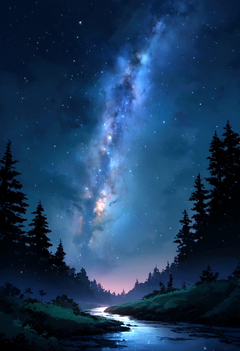 Forest and night sky　milky way　Sparkling　No people　No characters needed　Landscape only　Landscape painting