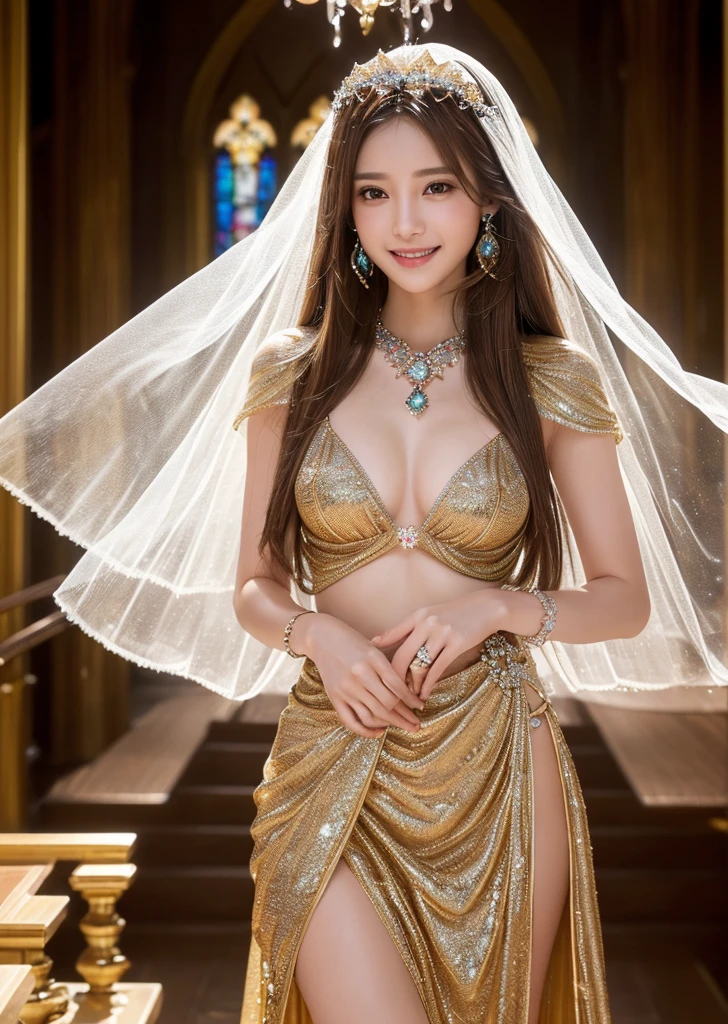 Flat Chest、(Slim body)、((Slim body))、Long Hair,masterpiece,diamond、big diamond necklace、Earrings,background of fantasy,(((Brown Hair)))、美しいきらめくcrystal玉, mystical 、Magic Ball、crystal、Fortune telling、Magical fantasy enchanted ethereal, Cinematic shots, Movie Scenes, amazing, Breathtakingly beautiful, たくさんのcrystalに囲まれて、Multicolored gemstones、Raw stone chunk、宝石からパワーとLightが満ち溢れている、A magical feeling in the air, Magical fantasy, Diffuse lighting、 Highest quality, High resolution, unity 8k wallpaper, (shape:0.8), (Beautiful details:1.6), Highly detailed face, Mr.々A gem、crystalからLight線、Light、Jewelry Dresses、Smiling happily、Wearing a veil、Fortune telling師のコスチューム、Full Body Shot、Beautiful legs、Standing surrounded by beautiful jewels、Spiritual World、Beautiful Churches in Europe、Gorgeous Chandeliers、laugh、