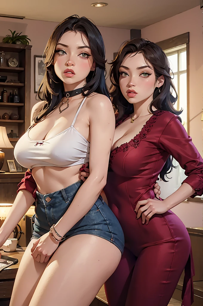 two beautiful sisters, size difference, the oldest has green eyes, the youngest has large and voluptuous breasts, sexy poses, living room background of a house, seductive looks, older sister is 165cm, younger sister is 155cm, home clothing style, Casual clothes, sexys 4k, detailed, younger sister brown eyes, big sister small breasts, homey atmosphere, normal clothes, younger sister huge breasts,