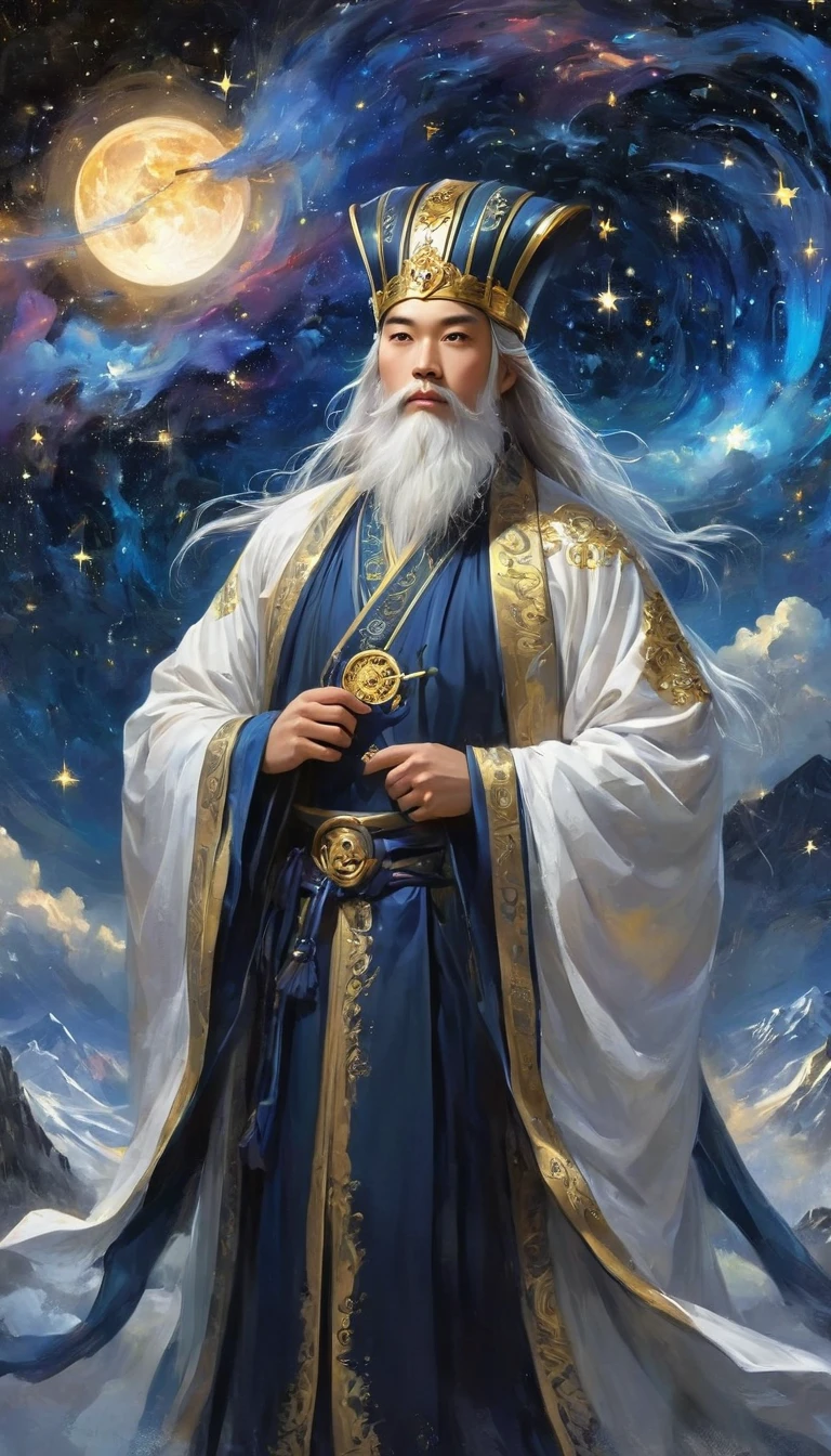 a wise old Chinese Taoist sorcerer in flowing black robe, long white beard and eyebrows, wearing a traditional scholar's hat, standing on a mountain peak gazing at the starry night sky, surrounded by glowing mystical runes and symbols, ethereal atmosphere, highly detailed, cinematic lighting, digital art, concept art, fantasy