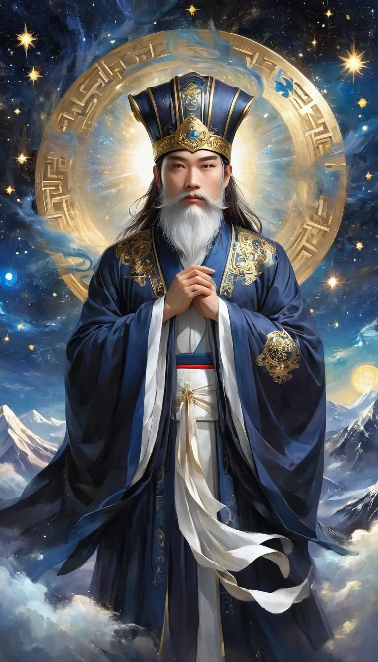 a wise old Chinese Taoist sorcerer in flowing black robe, long white beard and eyebrows, wearing a traditional scholar's hat, standing on a mountain peak gazing at the starry night sky, surrounded by glowing mystical runes and symbols, ethereal atmosphere, highly detailed, cinematic lighting, digital art, concept art, fantasy