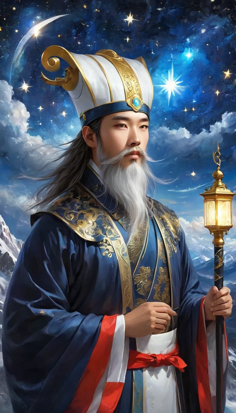 a wise old Chinese Taoist sorcerer in flowing black robe, long white beard and eyebrows, wearing a traditional scholar's hat, standing on a mountain peak gazing at the starry night sky, surrounded by glowing mystical runes and symbols, ethereal atmosphere, highly detailed, cinematic lighting, digital art, concept art, fantasy