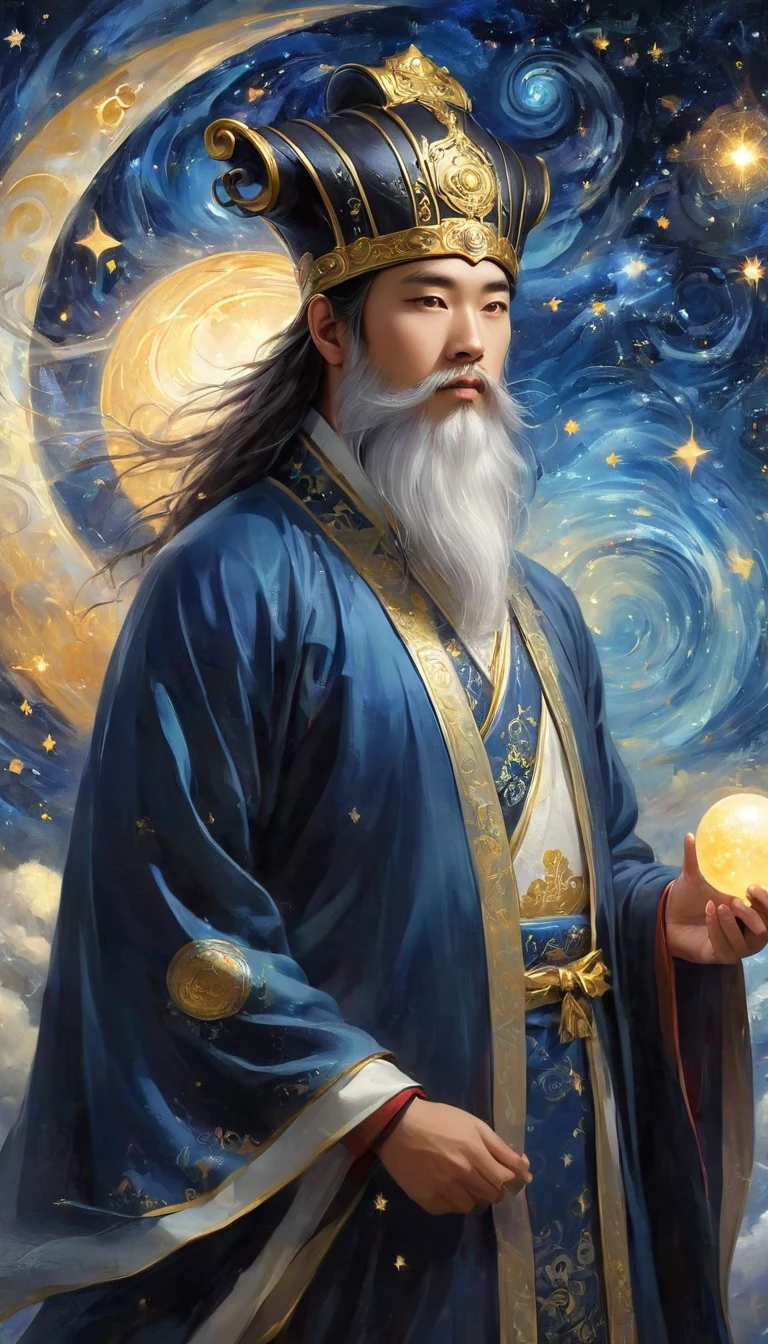 a wise old Chinese Taoist sorcerer in flowing black robe, long white beard and eyebrows, wearing a traditional scholar's hat, standing on a mountain peak gazing at the starry night sky, surrounded by glowing mystical runes and symbols, ethereal atmosphere, highly detailed, cinematic lighting, digital art, concept art, fantasy