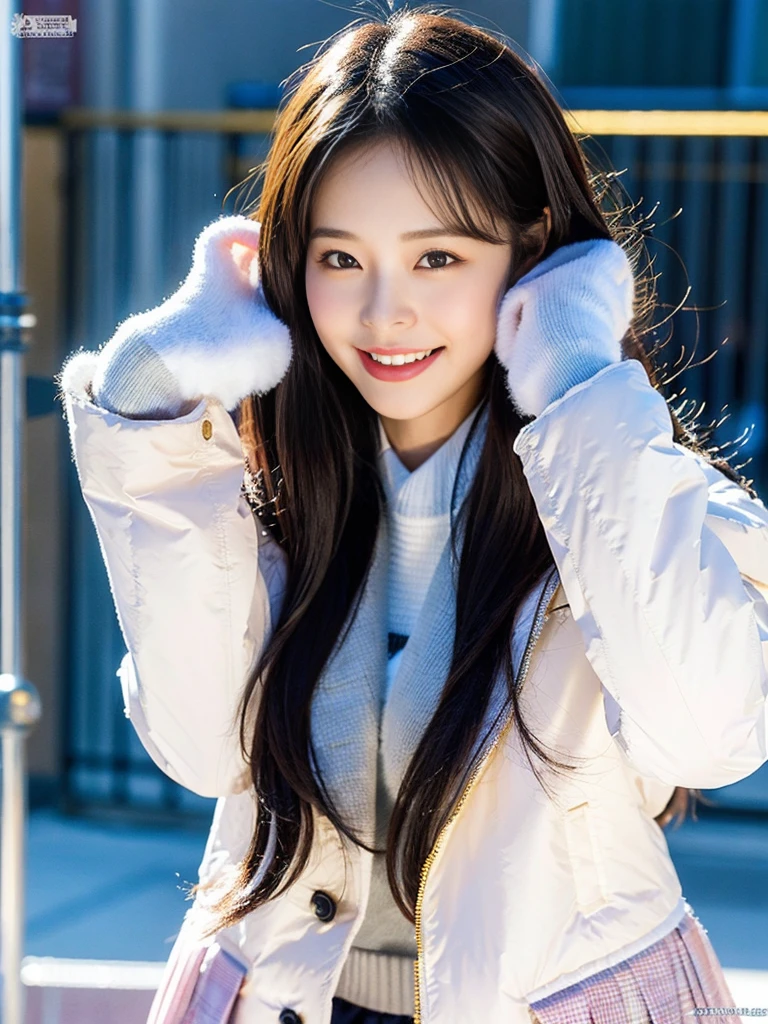 (A super cute Korean schoolgirl wearing a high-end down jacket in the style of a shyly covers her face:1.2)(Embarrassed look,I grin in embarrassment.:1.1)(Beautiful Sweat:1.1)(16K, RAW Photos, Highest quality, masterpiece: 1.2),(Shiny and beautiful black long hair) Super detailed, Super Resolution, (Genuine, Genuine photos: 1.37), Portraiture, High-resolution RAW color photos, Professional photos, Very detailed, 8k wallpaper, Very detailed CG Unity 8k wallpaper, Very detailed beautiful girls, Very detailed faces, ((whole body)), beautiful woman, Huge breasts,(huge boobs:1.1) (Big Boobs:1.1), beautiful (Wearing a high-end down jacket in the style of a school uniform),high school girl, Korean Girls,(K-POP Female Idols), (Idol-class beauty)(Beautiful high school girl:1.1)(Blizzard sidewalk)(16 years old)Date,Fluffy gloves,neck warmer,