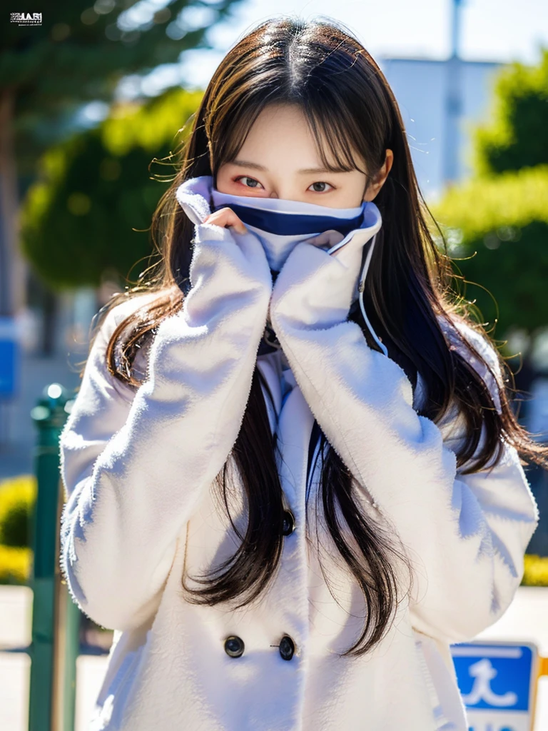 (A super cute Korean schoolgirl wearing a high-end down jacket in the style of a  shyly covers her face:1.2)(Embarrassed look,I grin in embarrassment.:1.1)(Beautiful Sweat:1.1)(16K, RAW Photos, Highest quality, masterpiece: 1.2),(Shiny and beautiful black long hair) Super detailed, Super Resolution, (Genuine, Genuine photos: 1.37), Portraiture, High-resolution RAW color photos, Professional photos, Very detailed, 8k wallpaper, Very detailed CG Unity 8k wallpaper, Very detailed beautiful girls, Very detailed faces, ((whole body)), beautiful woman, Huge breasts,(huge boobs:1.1) (Big Boobs:1.1), beautiful  (Wearing a high-end down jacket in the style of a school uniform),high school girl, Korean Girls,(K-POP Female Idols), (Idol-class beauty)(Beautiful high school girl:1.1)(Blizzard sidewalk)(************)Date,Fluffy gloves,neck warmer,