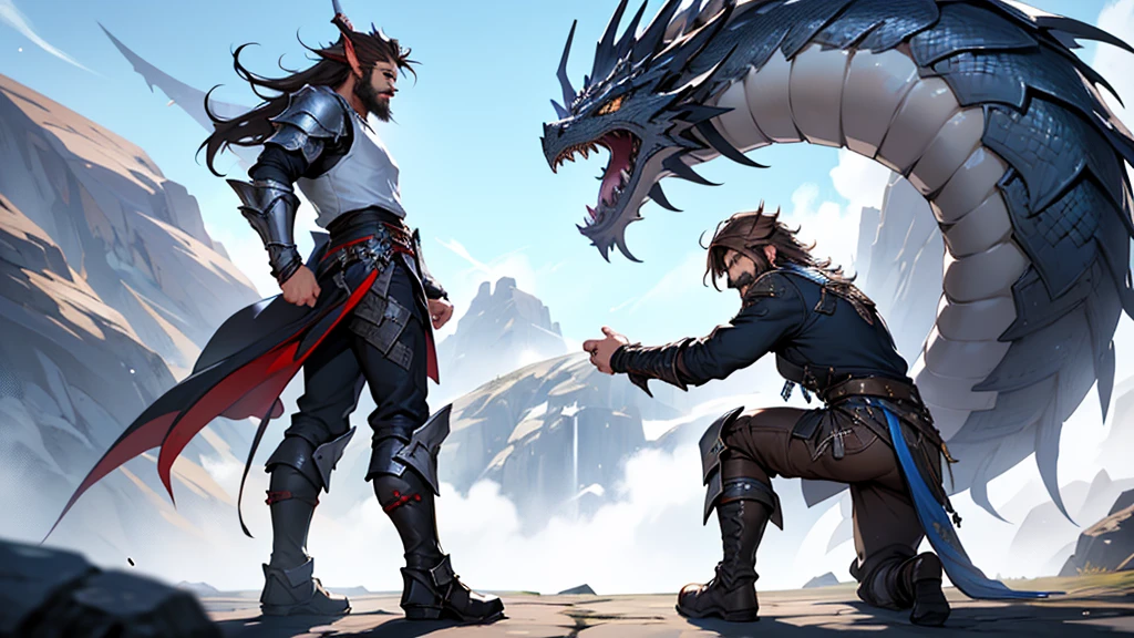 4k ultra HD ffxiv dragoon, human male with long flowing brown hair, full beard, wearing a silver helm with a splayed dragon wing on each side, full silver armor, blue pants and shirt, metal boots with silver dragon claws over the toe of the boots