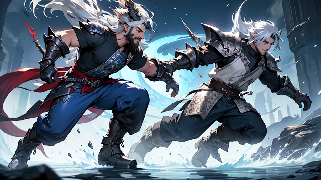4k ultra HD ffxiv dragoon, human male with long flowing brown hair, full beard, wearing a silver helm with a splayed dragon wing on each side, full silver armor, blue pants and shirt, metal boots with silver dragon claws over the toe of the boots