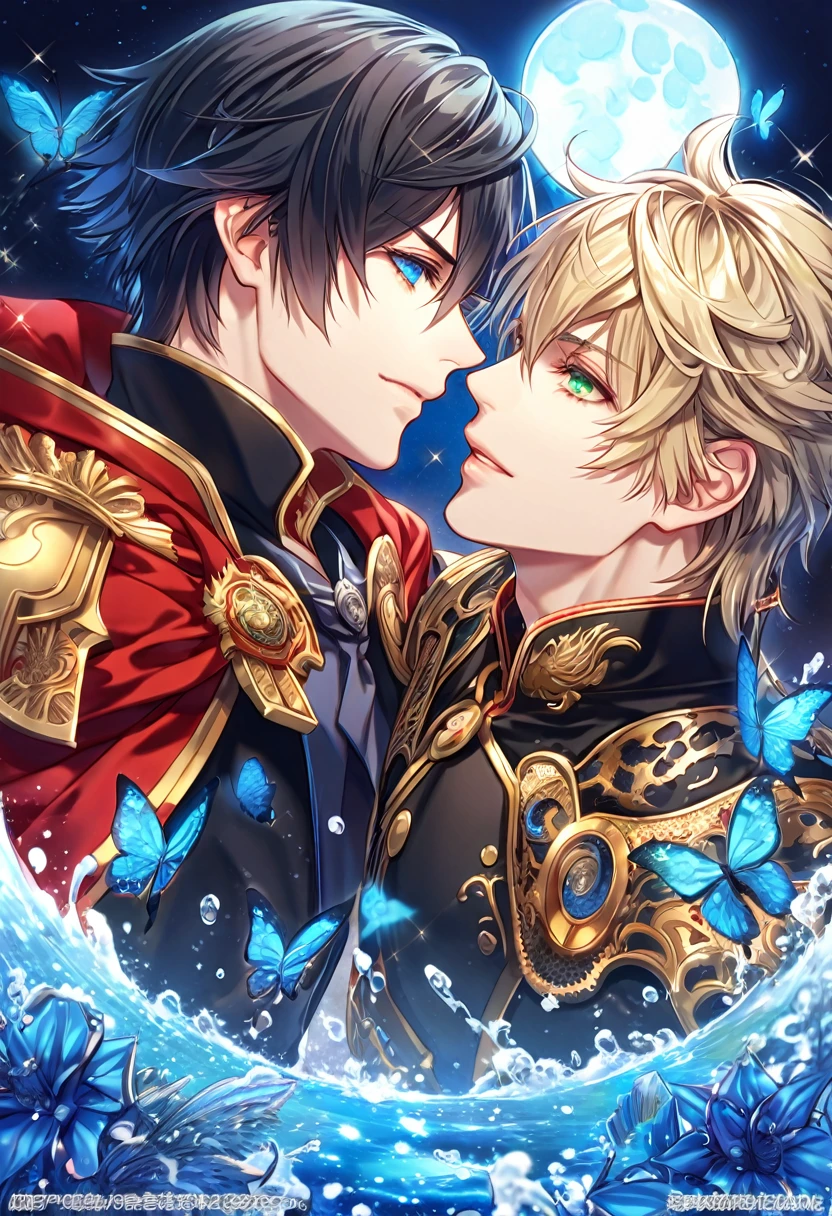 absurdres, highres, ultra detailed, HDR, master piece, best quality, extremely detailed, Kunagiri Machina, black hair, expressive green eyes, Final Fantasy Type 0, Ace, blonde hair, expressive blue eyes, two sexy men together, yaoi, gay couple, handsome, black uniform, red cape, fantasy, water, sparkling, blue glittering fireflies, blue moon, blue flowers, blue butterflies, starry sky