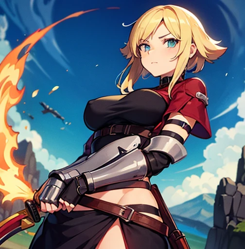 an animated character is in the background of a video game screener and an image of a girl in an with a sword on her shoulder and her breasts spread out